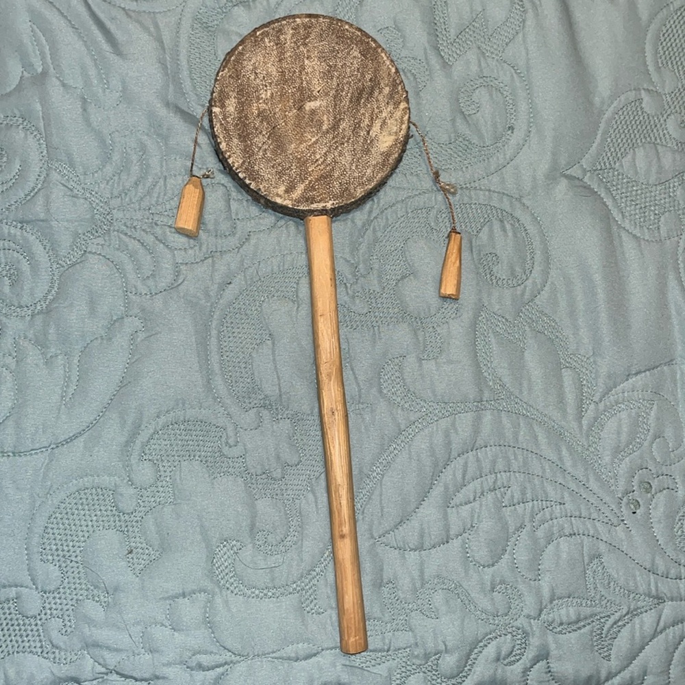 VNTG Leather Hide Wood Handle Tribal Spin Drum  •Hand Carved in Kenya